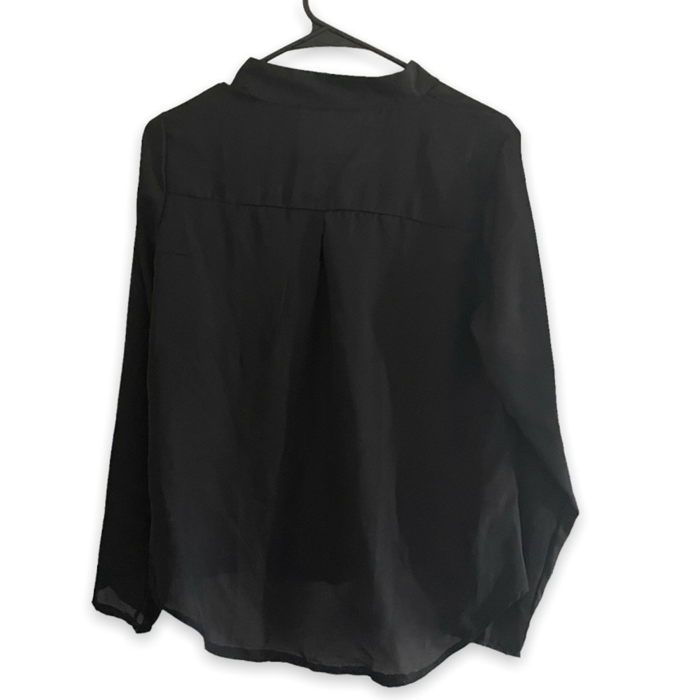 Vintage Loose Casual V Neck Lapel Puff Long Sleeve Black Poplin Eyelet Blouse - Picture 3 of 8